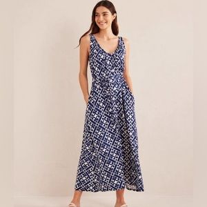 NWT Boden V-Neck Sleeveless Spring Summer Maxi Dress in Prussian Blue Geo, 10P